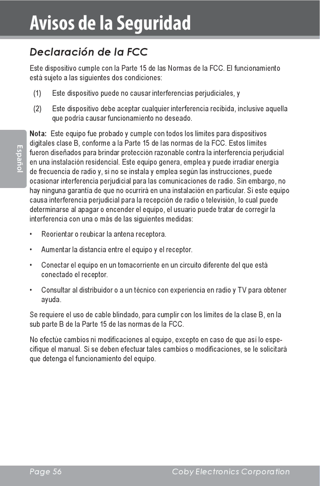 COBY electronic CSMP142 instruction manual Declaración de la FCC 