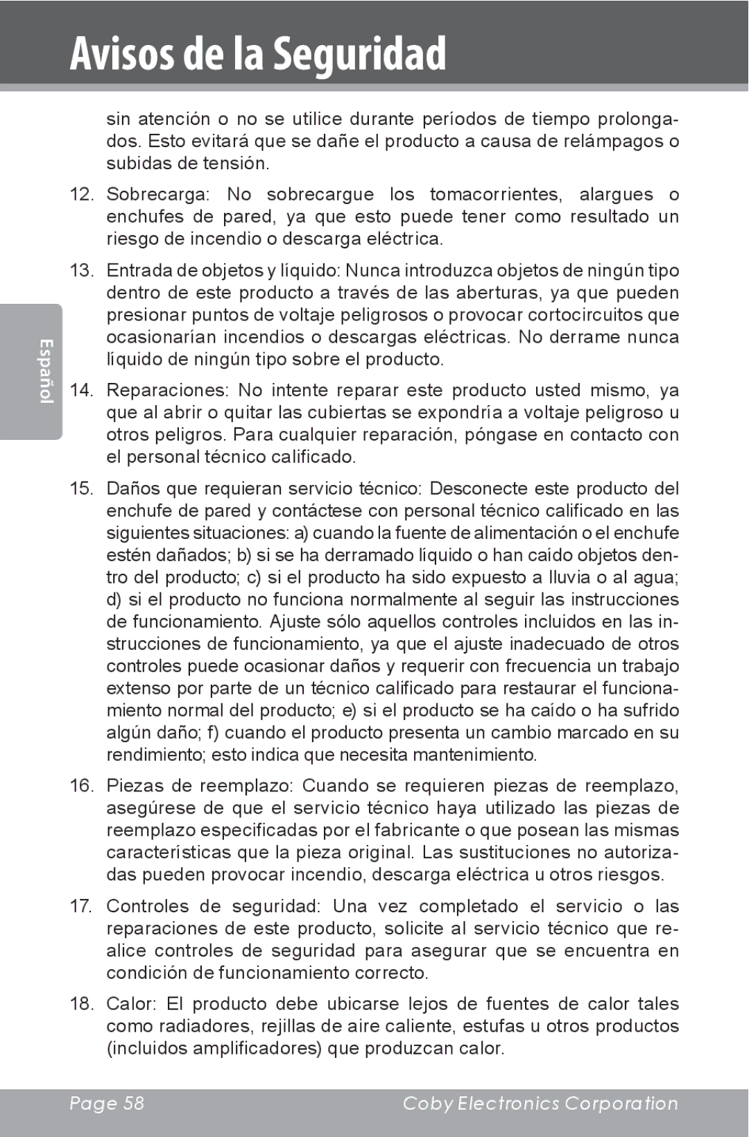 COBY electronic CSMP142 instruction manual Avisos de la Seguridad 