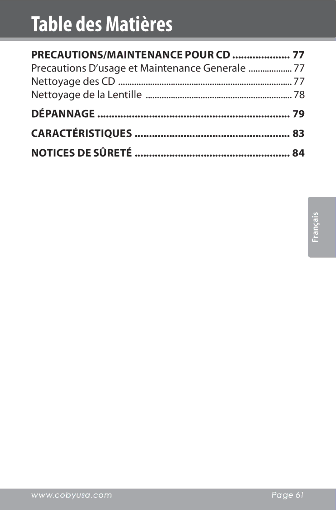 COBY electronic CSMP142 instruction manual Precautions/Maintenance pour CD 