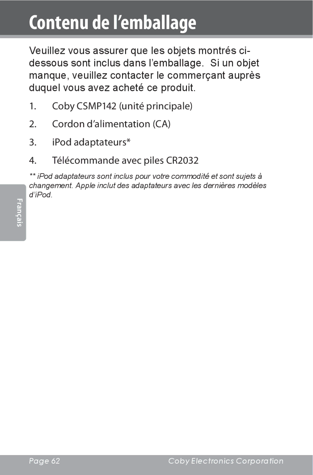 COBY electronic CSMP142 instruction manual Contenu de l’emballage 