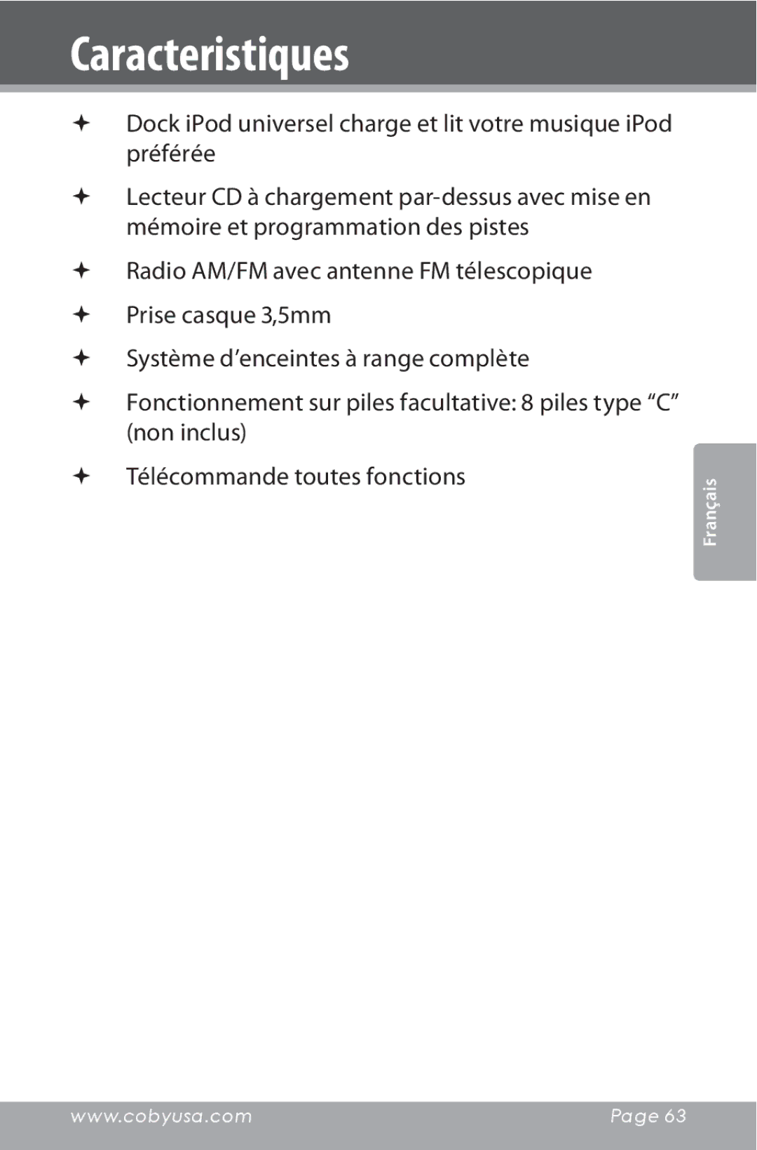 COBY electronic CSMP142 instruction manual Caracteristiques 