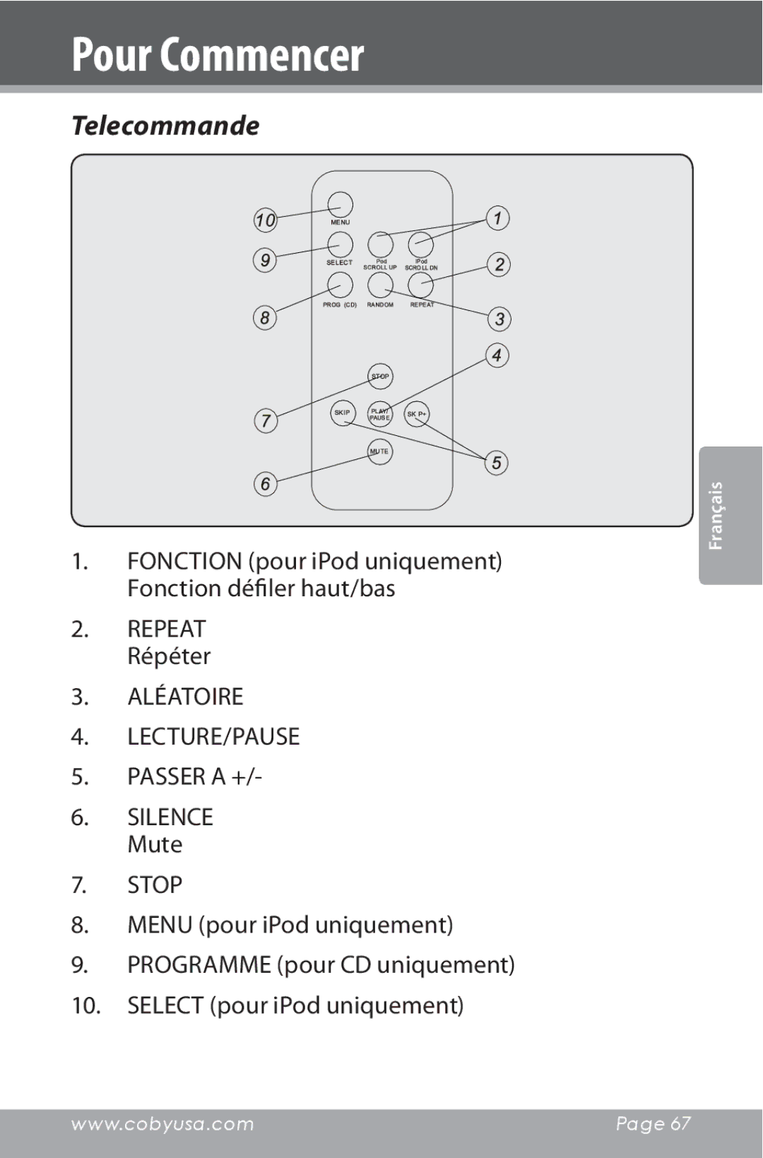 COBY electronic CSMP142 instruction manual Telecommande 