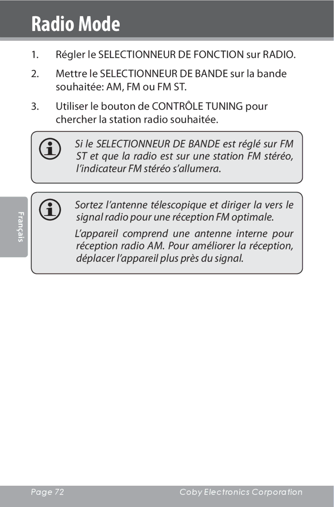 COBY electronic CSMP142 instruction manual Radio Mode 