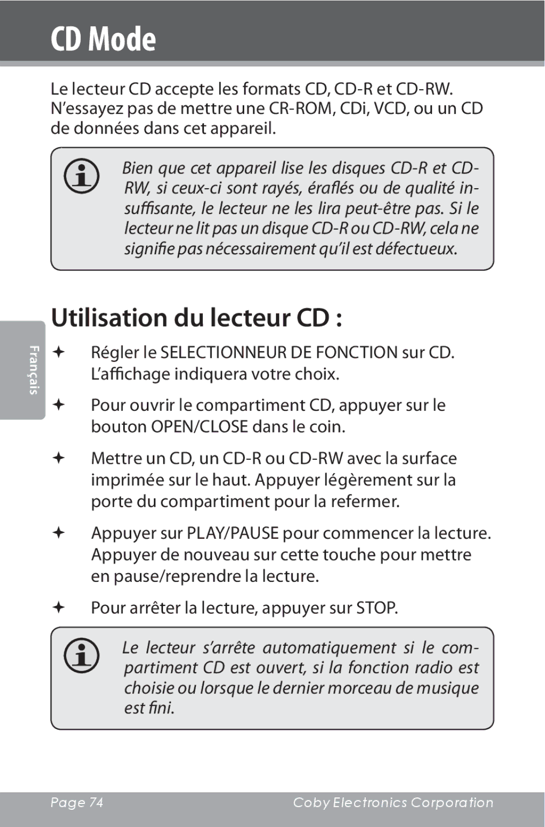 COBY electronic CSMP142 instruction manual CD Mode, Utilisation du lecteur CD 