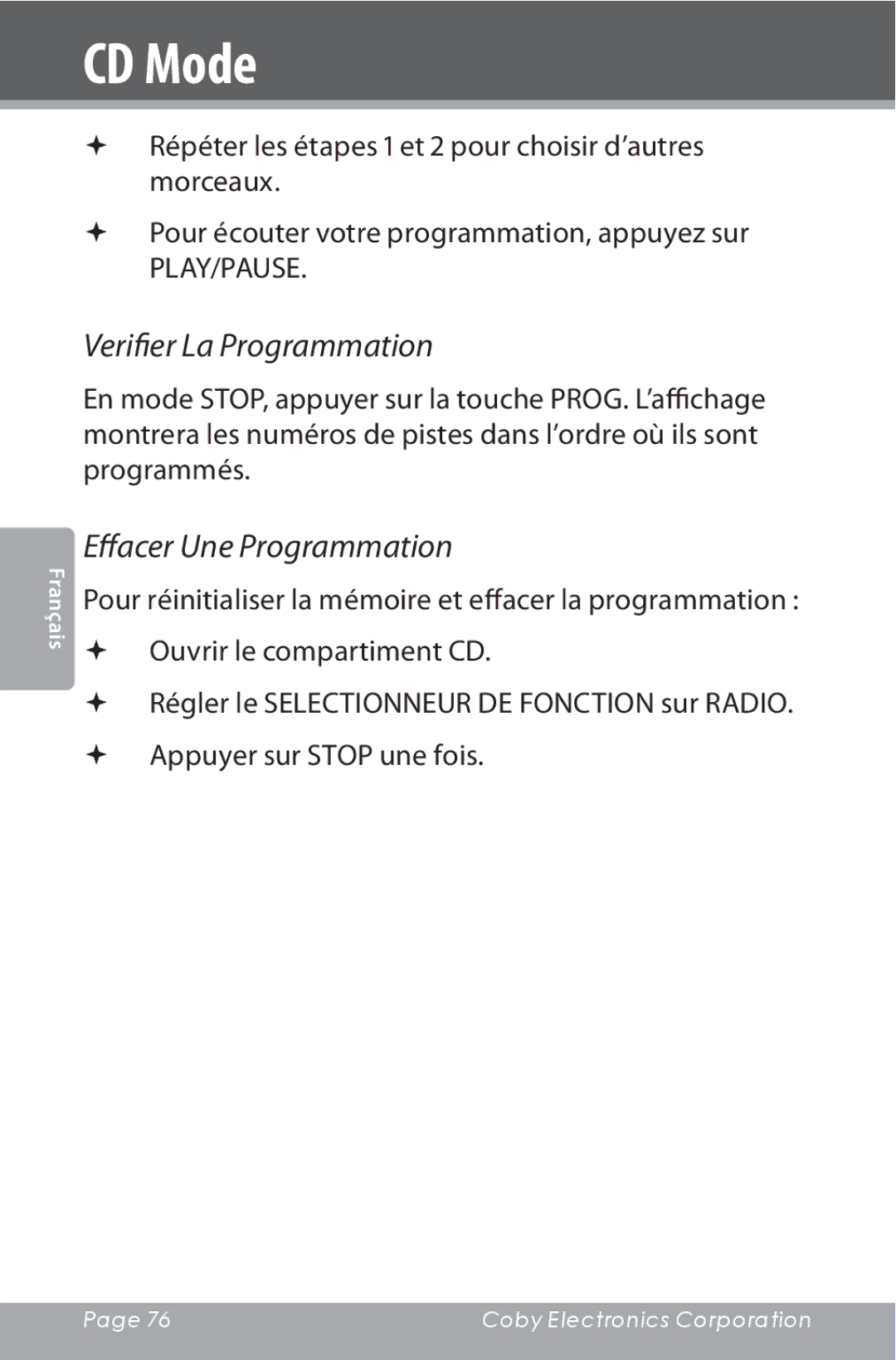 COBY electronic CSMP142 instruction manual Verifier La Programmation 