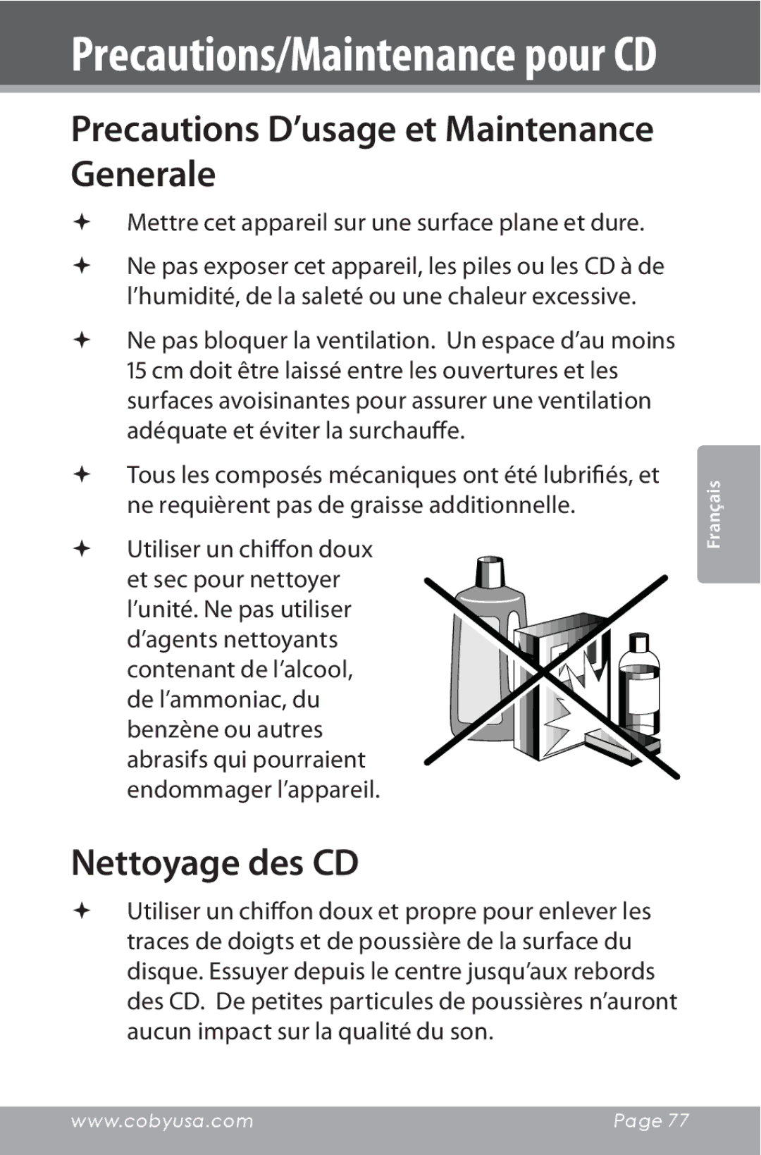 COBY electronic CSMP142 instruction manual Precautions D’usage et Maintenance Generale, Nettoyage des CD 