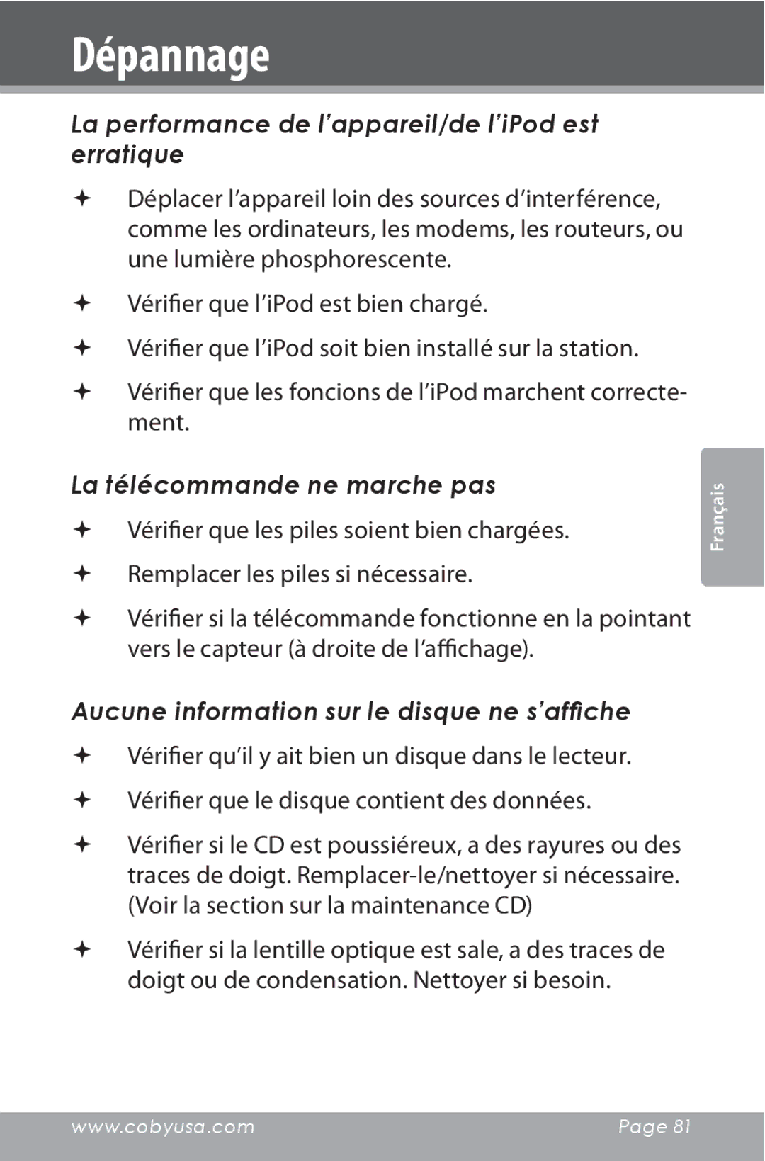 COBY electronic CSMP142 La performance de l’appareil/de l’iPod est erratique, La télécommande ne marche pas 