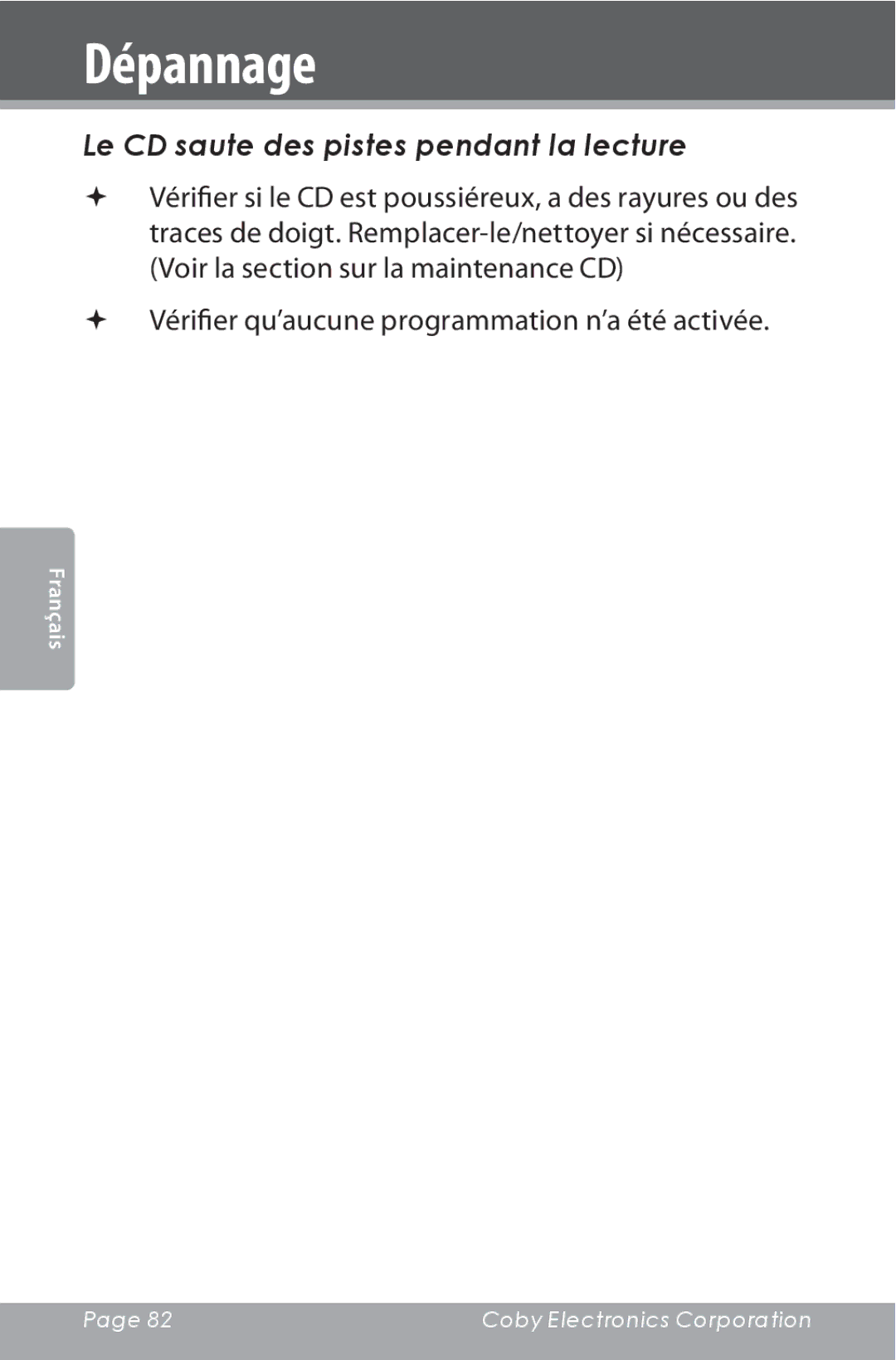 COBY electronic CSMP142 instruction manual Le CD saute des pistes pendant la lecture 