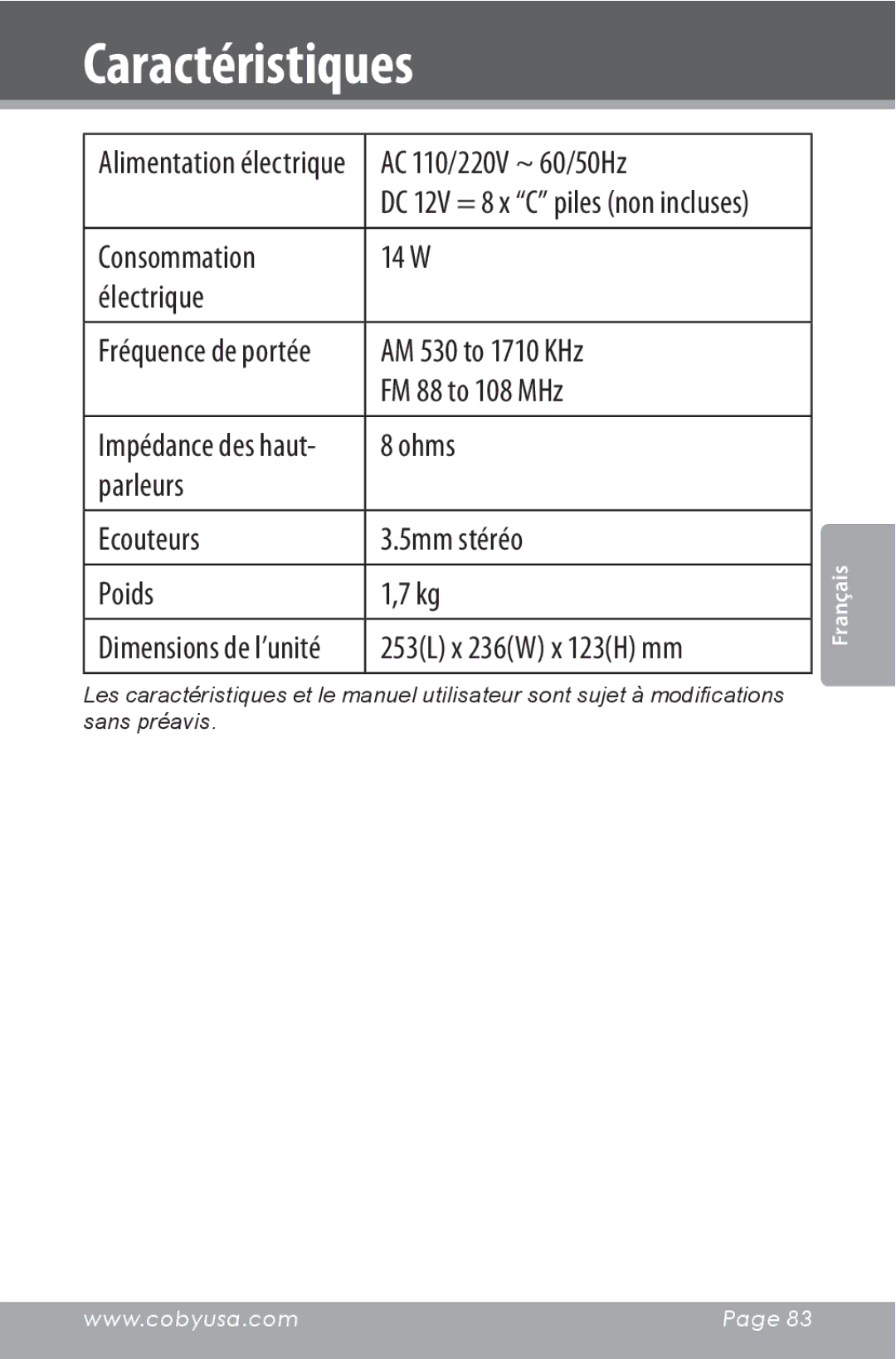 COBY electronic CSMP142 instruction manual Caractéristiques, Poids 