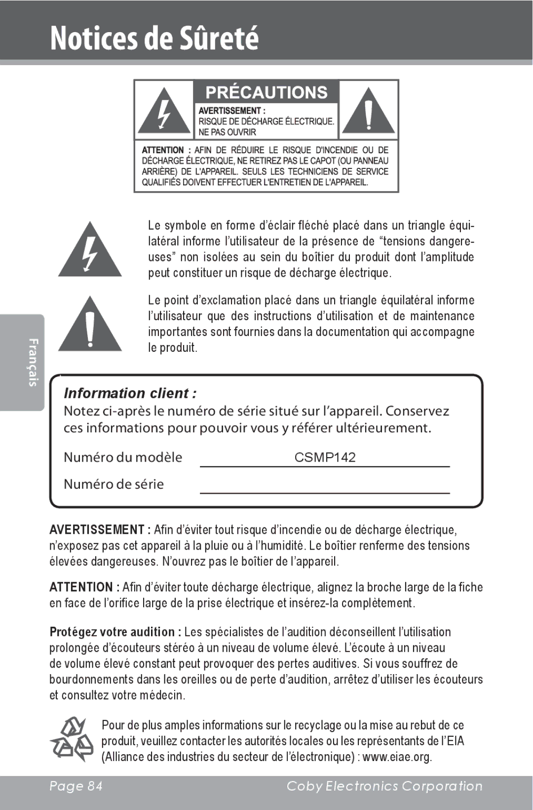 COBY electronic CSMP142 instruction manual Information client 