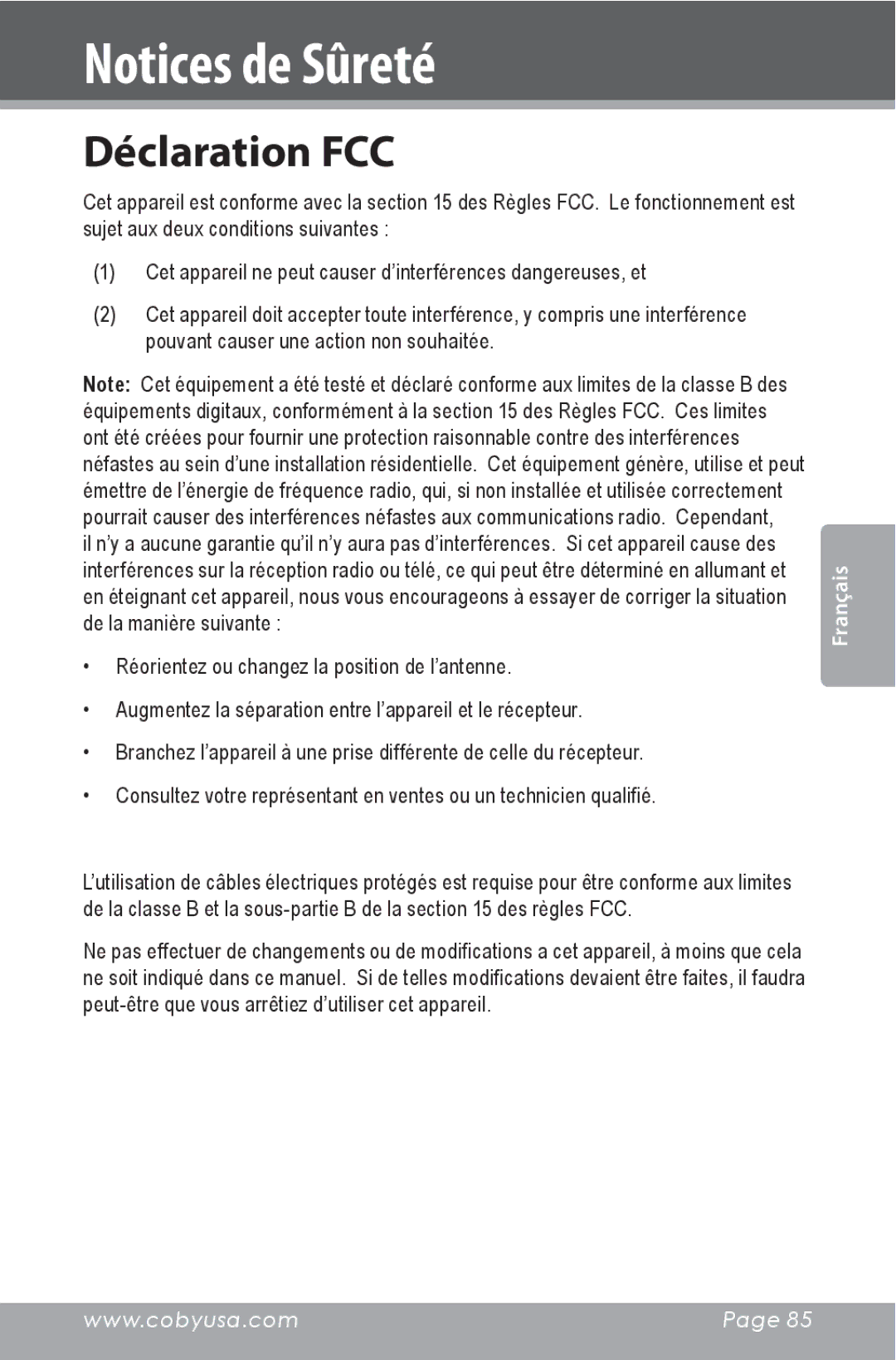 COBY electronic CSMP142 instruction manual Déclaration FCC 