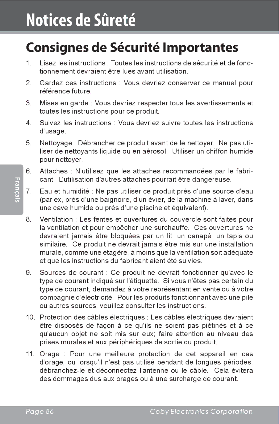 COBY electronic CSMP142 instruction manual Consignes de Sécurité Importantes 