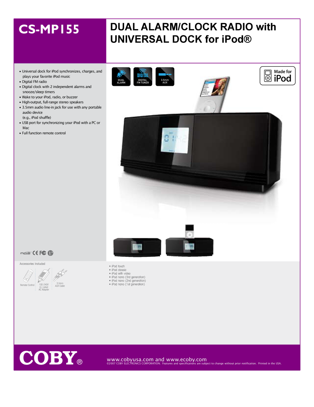 COBY electronic CSMP155 specifications CS-MP155, Dual ALARM/CLOCK Radio with Universal Dock for iPod 