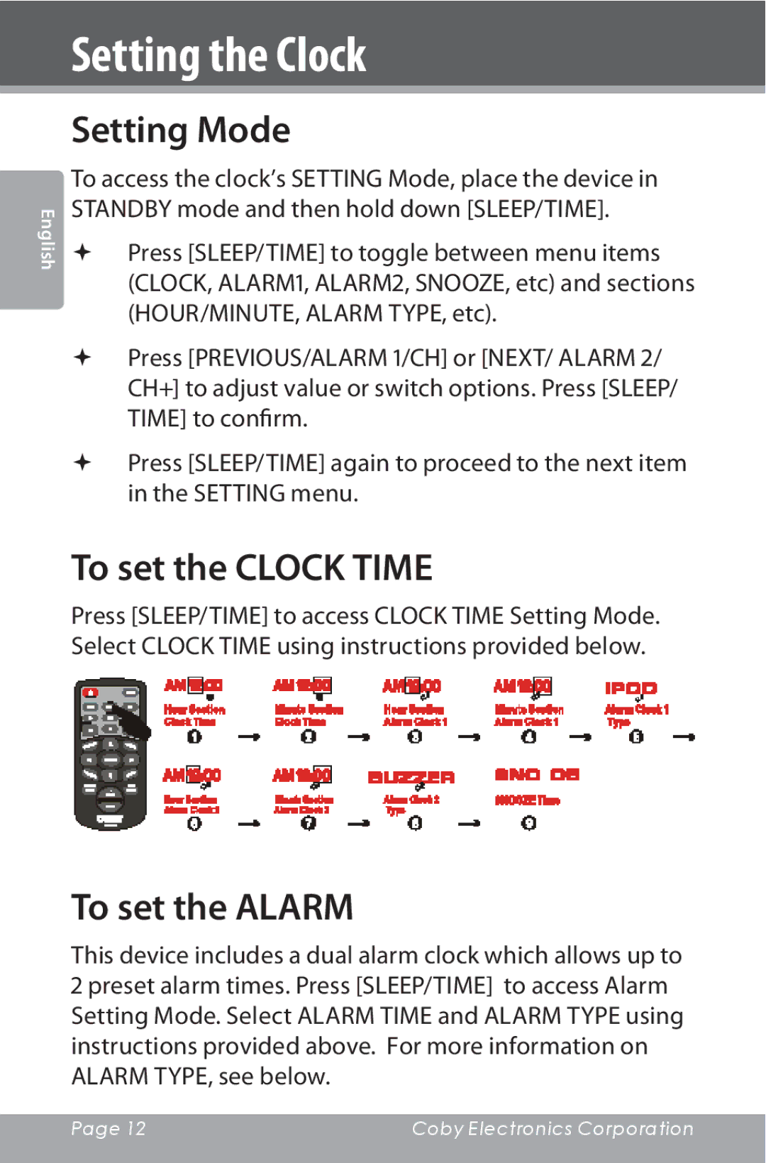 COBY electronic CSMP160 instruction manual Setting the Clock, Setting Mode, To set the Clock Time, To set the Alarm 