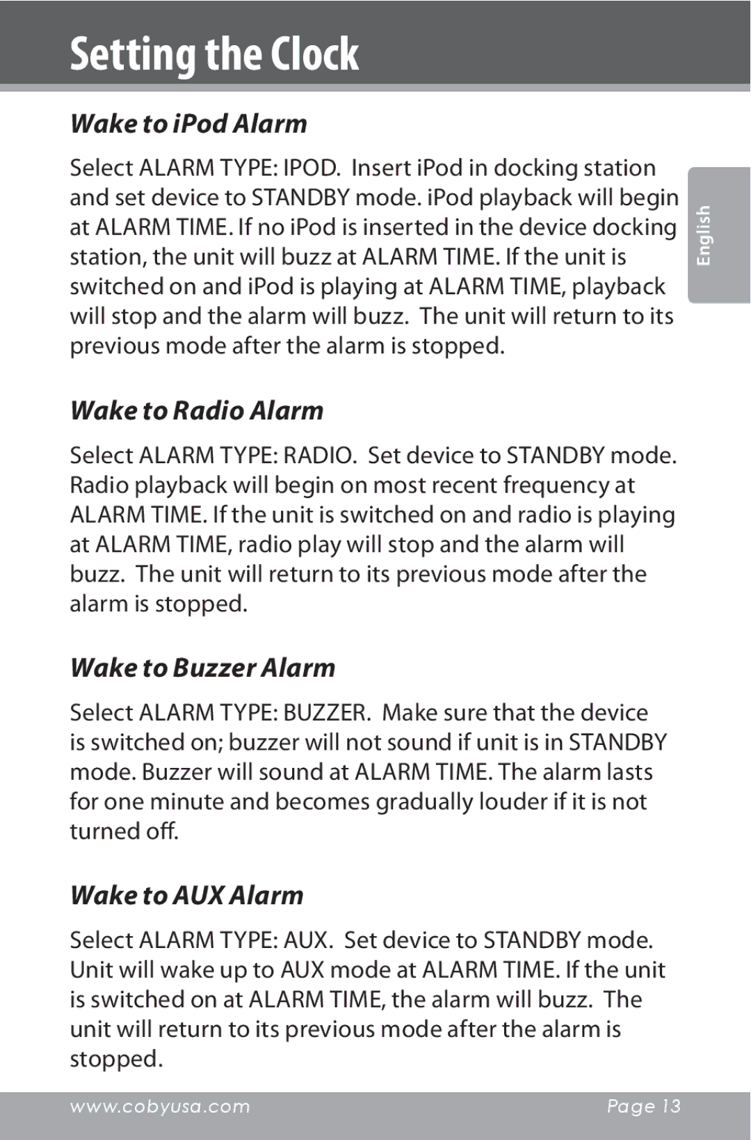 COBY electronic CSMP160 instruction manual Wake to iPod Alarm, Wake to Radio Alarm, Wake to Buzzer Alarm, Wake to AUX Alarm 