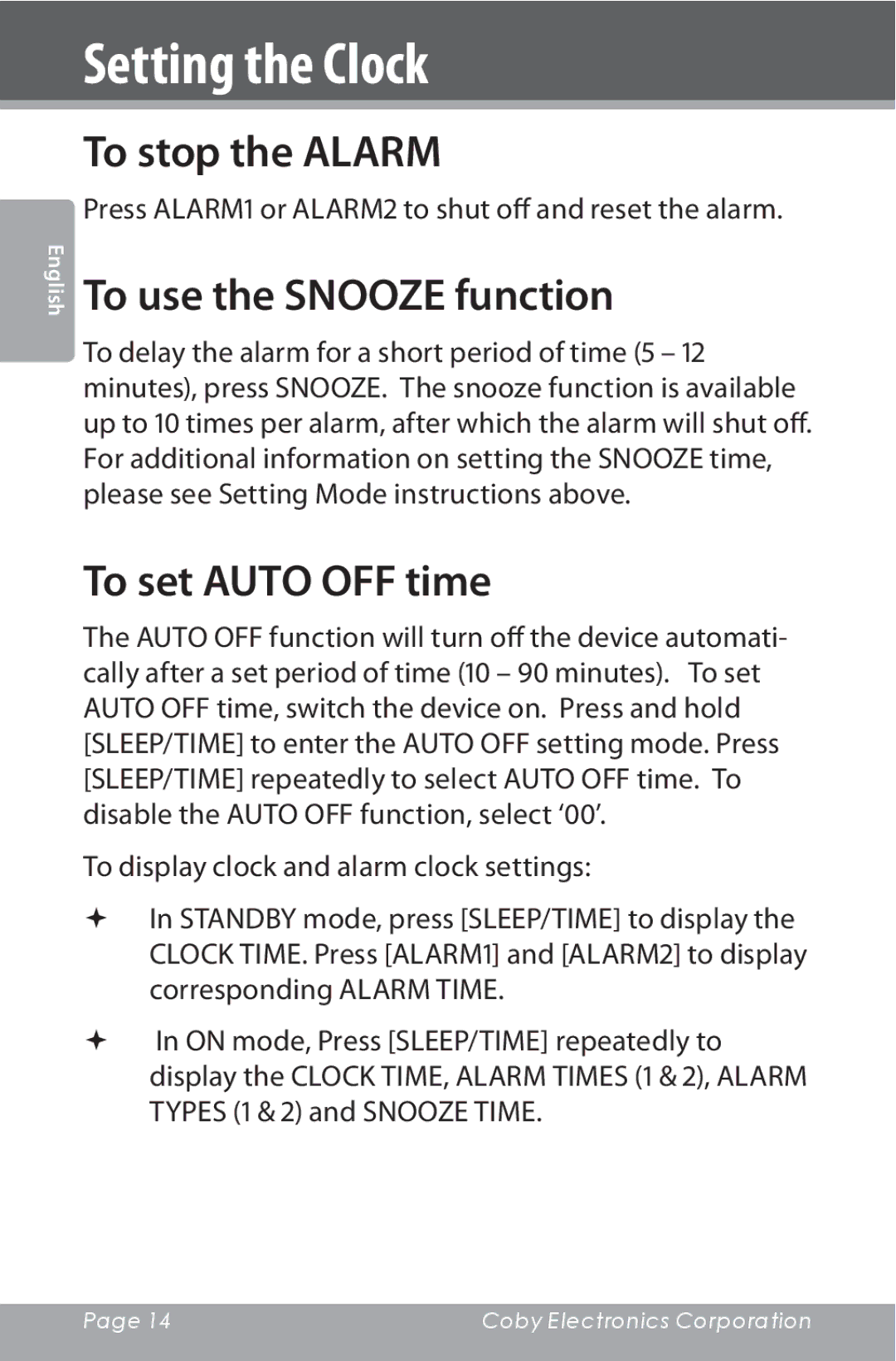 COBY electronic CSMP160 instruction manual To stop the Alarm, To use the Snooze function, To set Auto OFF time 