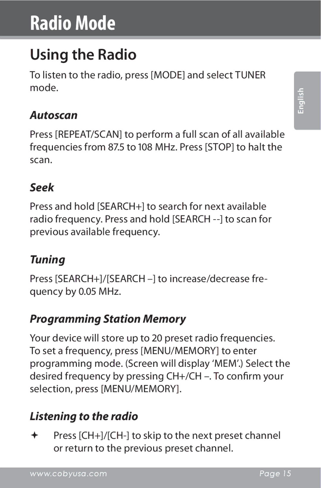 COBY electronic CSMP160 instruction manual Radio Mode, Using the Radio 