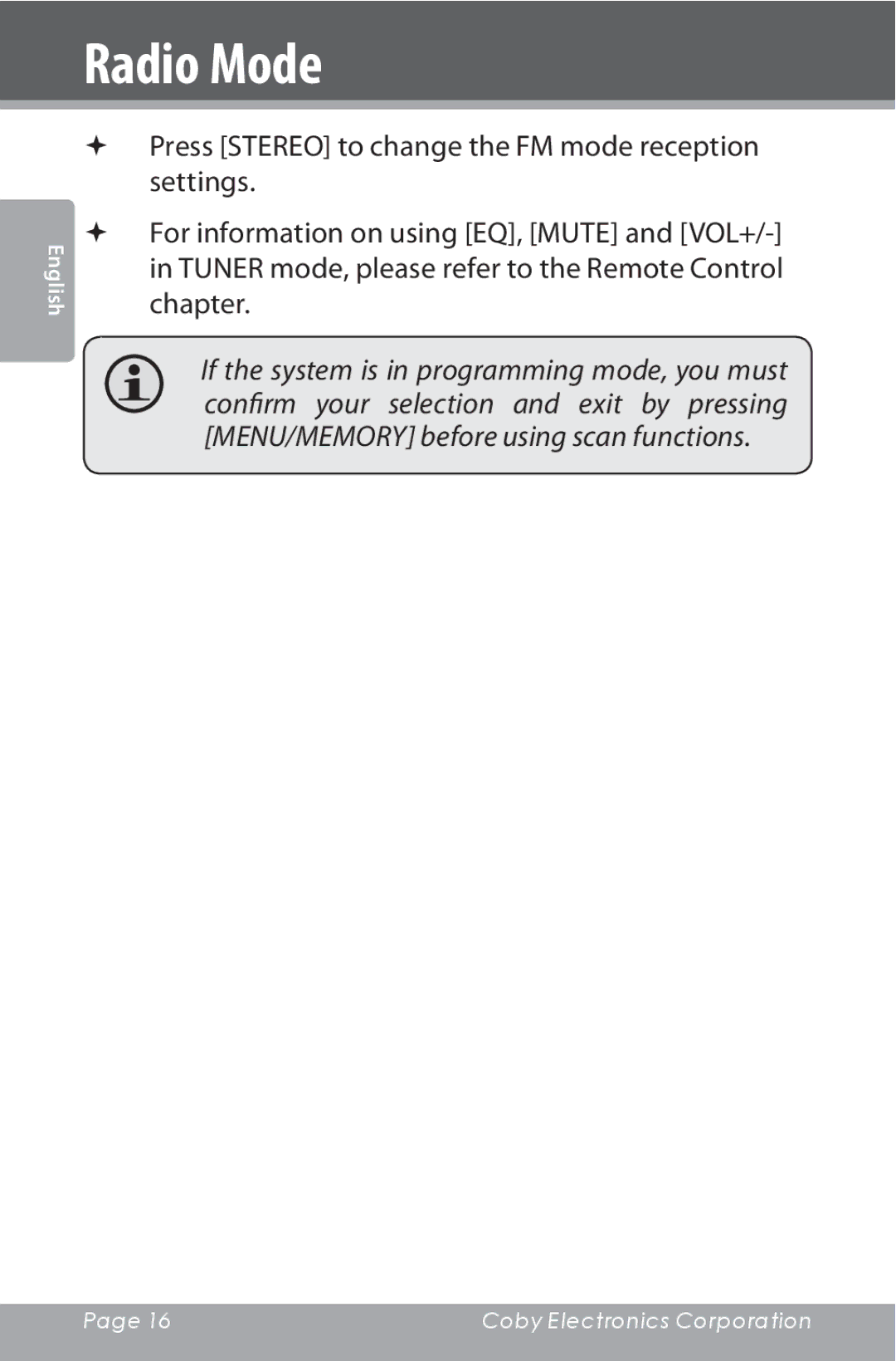 COBY electronic CSMP160 instruction manual Radio Mode 