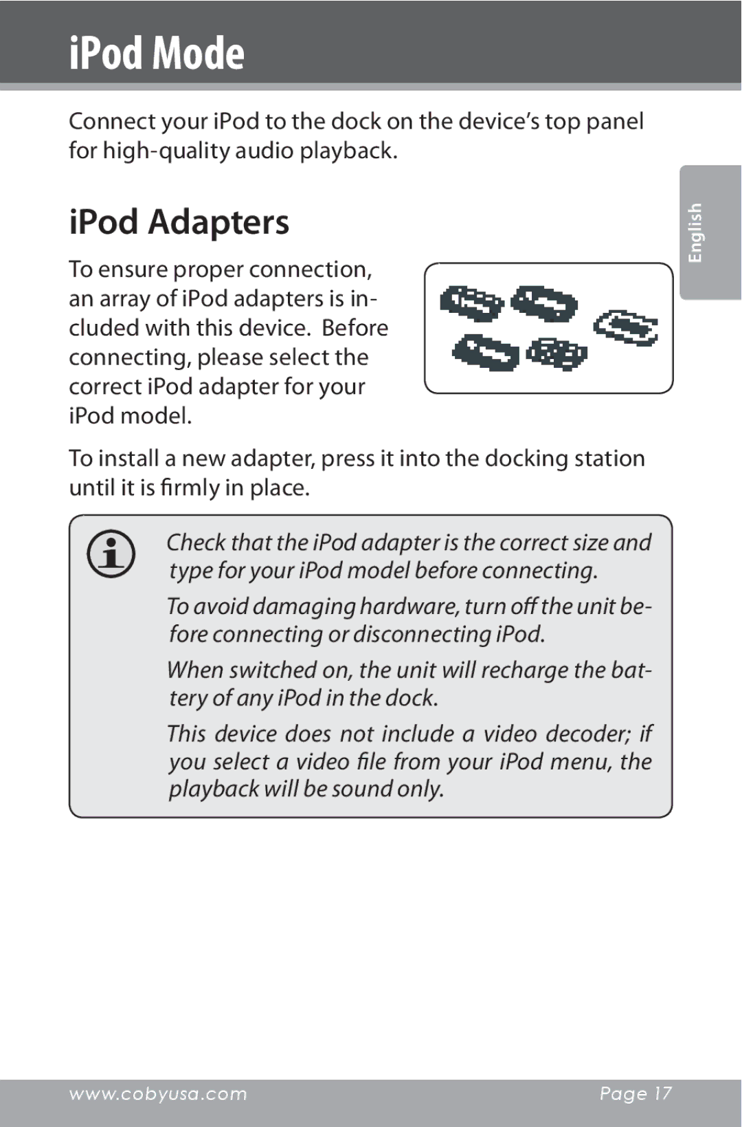 COBY electronic CSMP160 instruction manual IPod Mode, IPod Adapters 