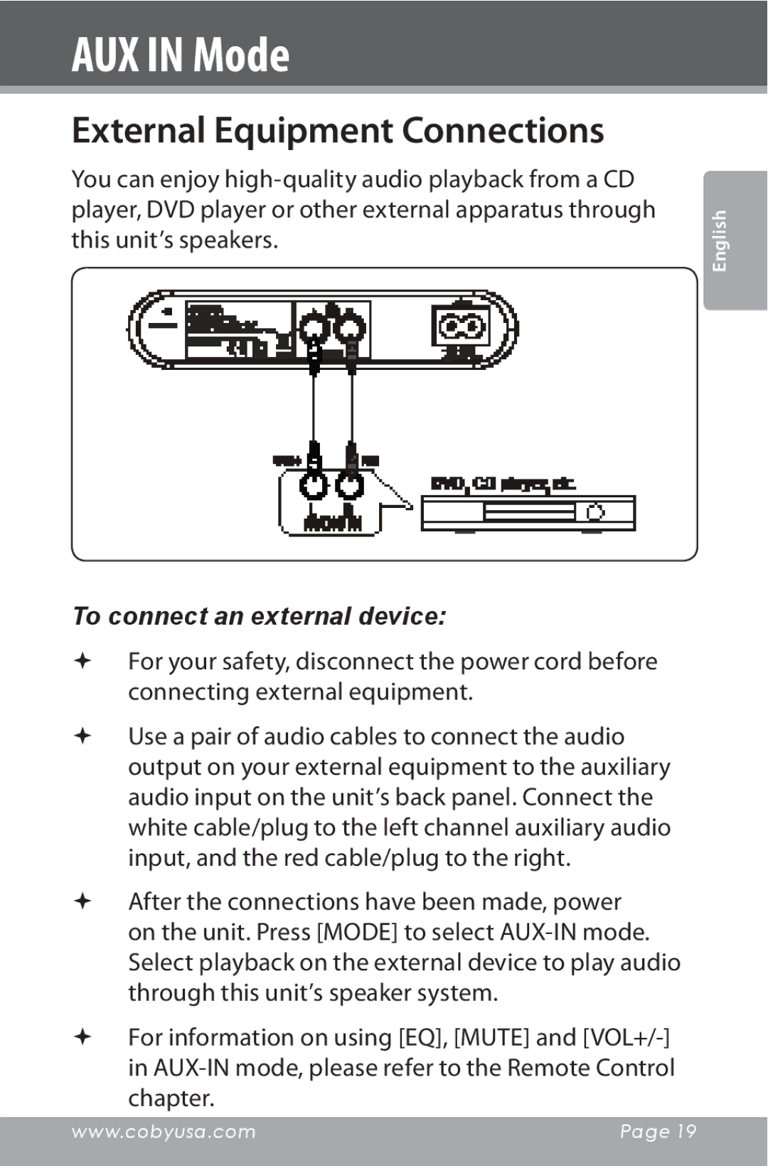 COBY electronic CSMP160 instruction manual AUX in Mode, External Equipment Connections 