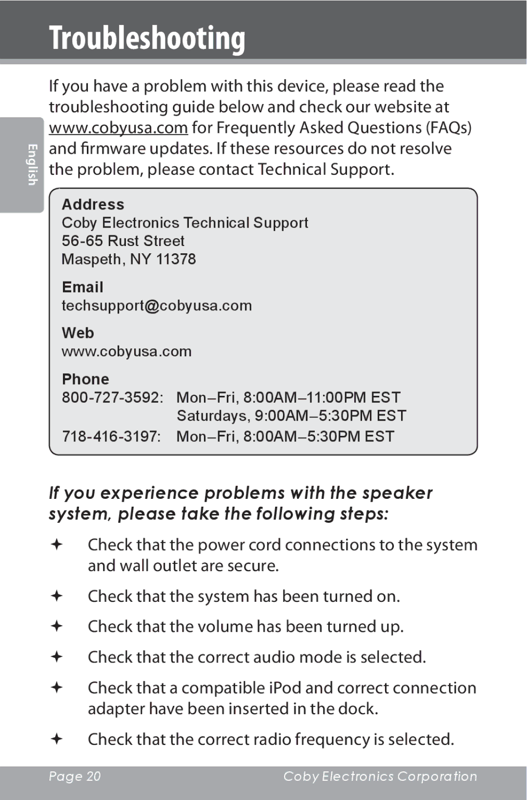 COBY electronic CSMP160 instruction manual Troubleshooting 