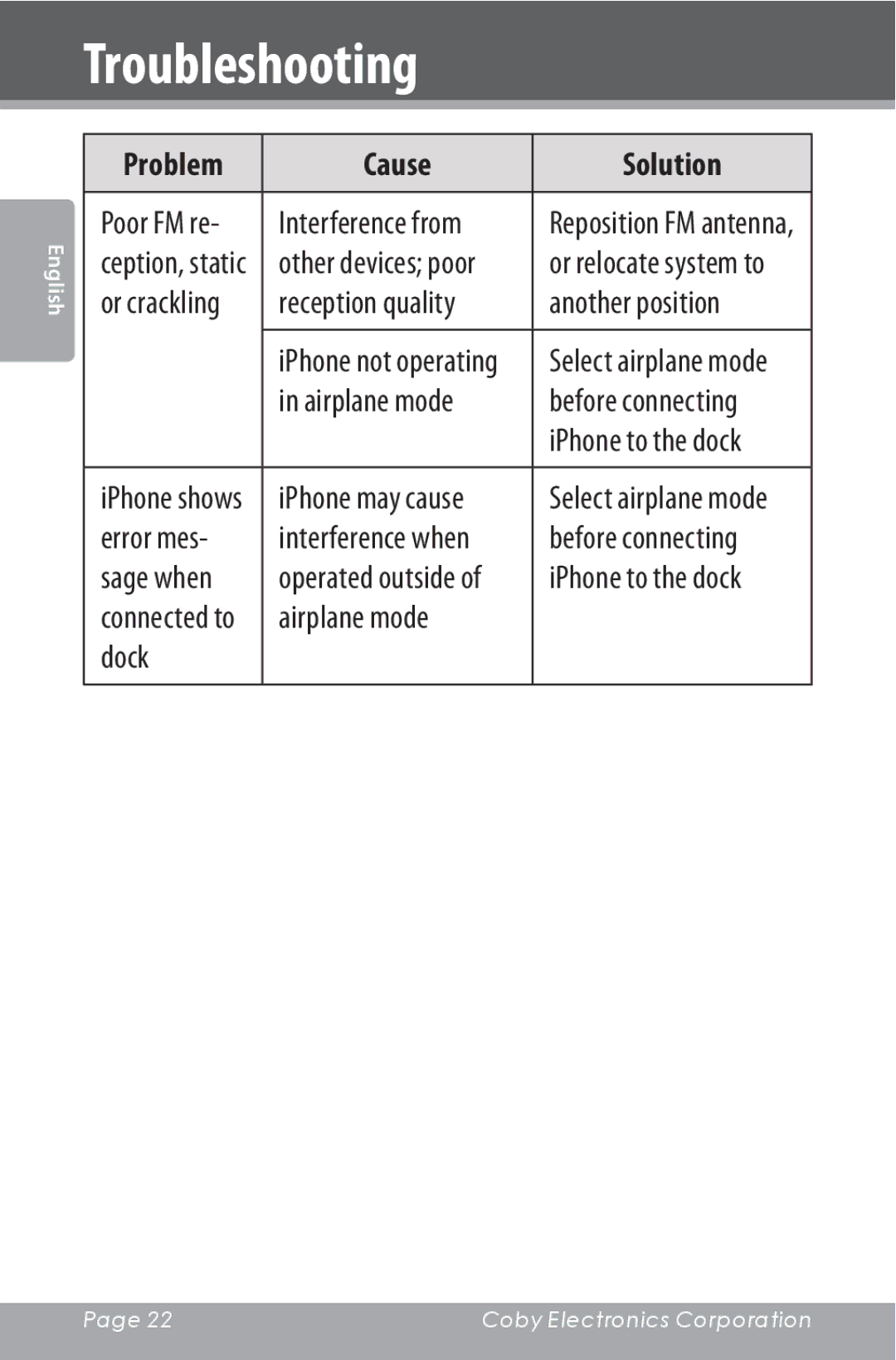 COBY electronic CSMP160 instruction manual Reception quality Another position, Error mes, Airplane mode Dock 