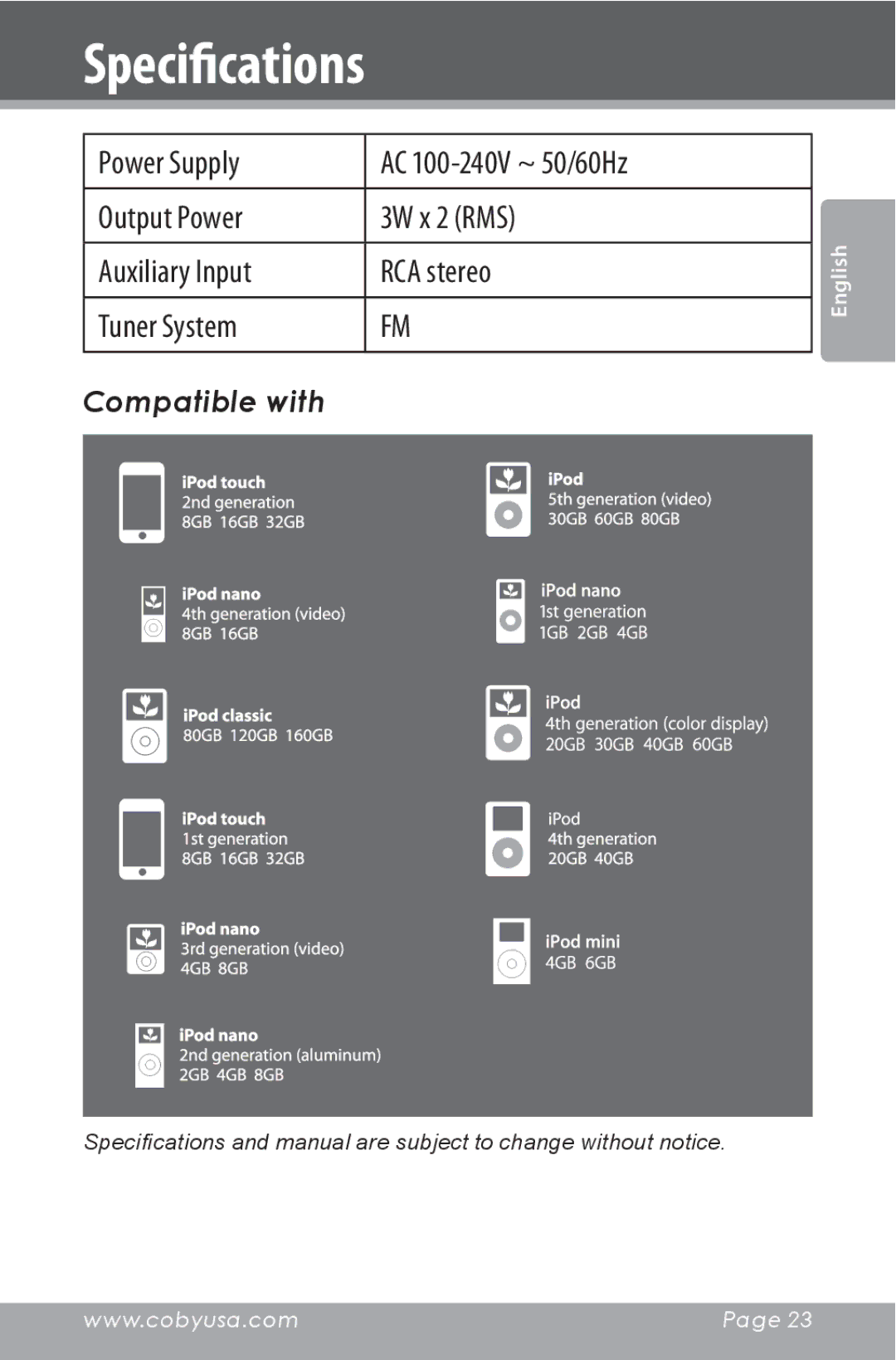 COBY electronic CSMP160 instruction manual Specifications 