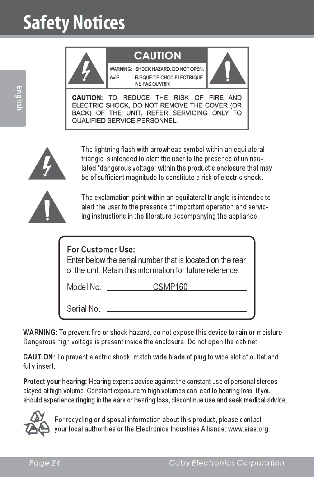 COBY electronic CSMP160 instruction manual Safety Notices, For Customer Use 