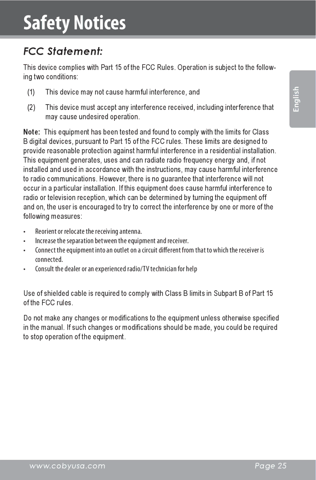 COBY electronic CSMP160 instruction manual FCC Statement 