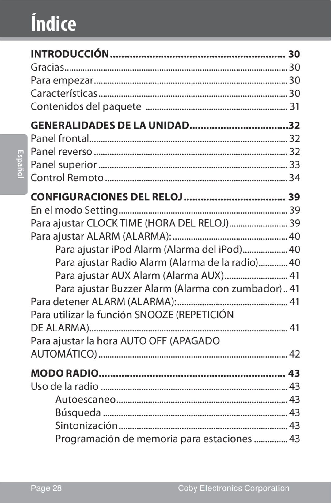 COBY electronic CSMP160 instruction manual Índice, Configuraciones del Reloj 