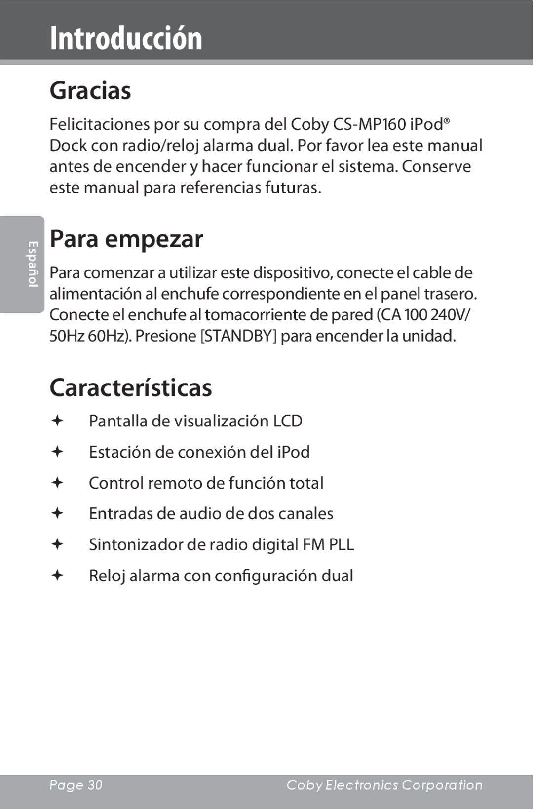 COBY electronic CSMP160 instruction manual Introducción, Gracias, Para empezar, Características 