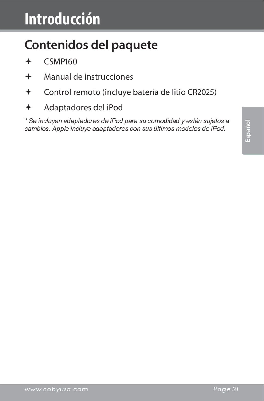 COBY electronic CSMP160 instruction manual Contenidos del paquete 