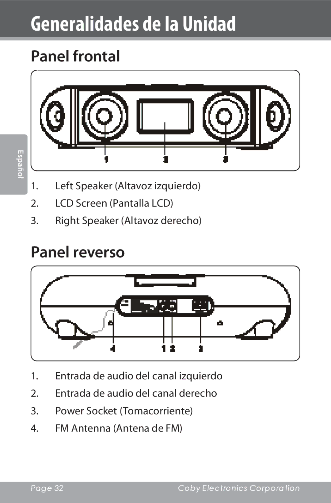 COBY electronic CSMP160 instruction manual Generalidades de la Unidad, Panel frontal, Panel reverso 