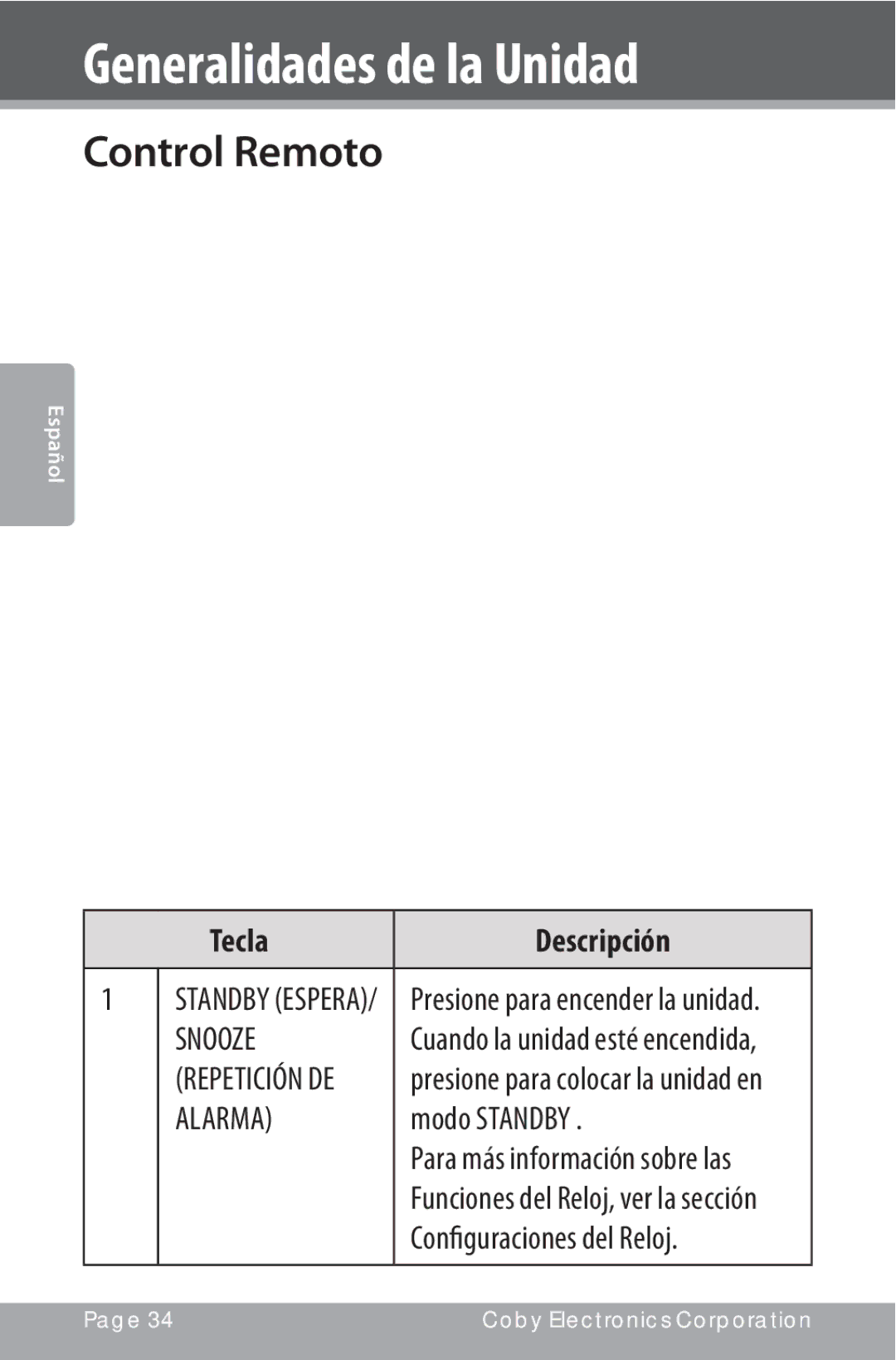 COBY electronic CSMP160 instruction manual Control Remoto, Snooze, Alarma, Modo Standby 