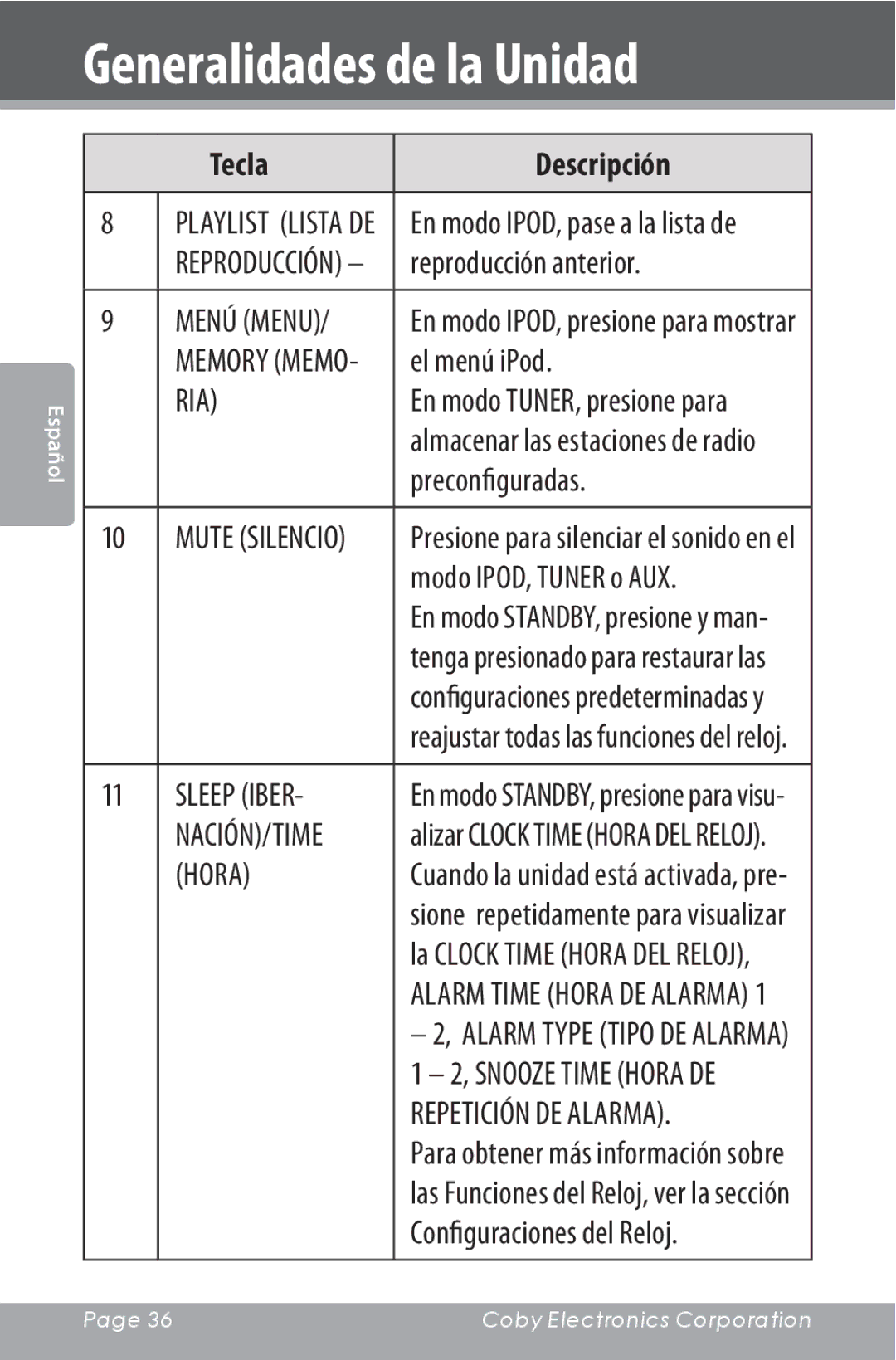 COBY electronic CSMP160 instruction manual Ria, Sleep Iber, Nación/Time, Hora 