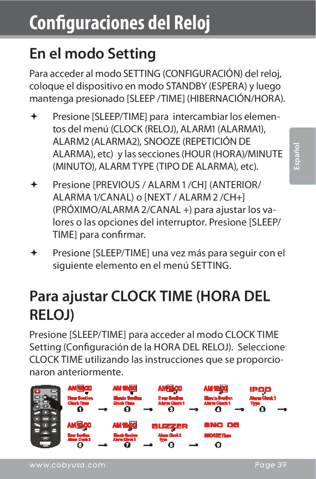 COBY electronic CSMP160 Configuraciones del Reloj, En el modo Setting, Para ajustar Clock Time Hora DEL Reloj 