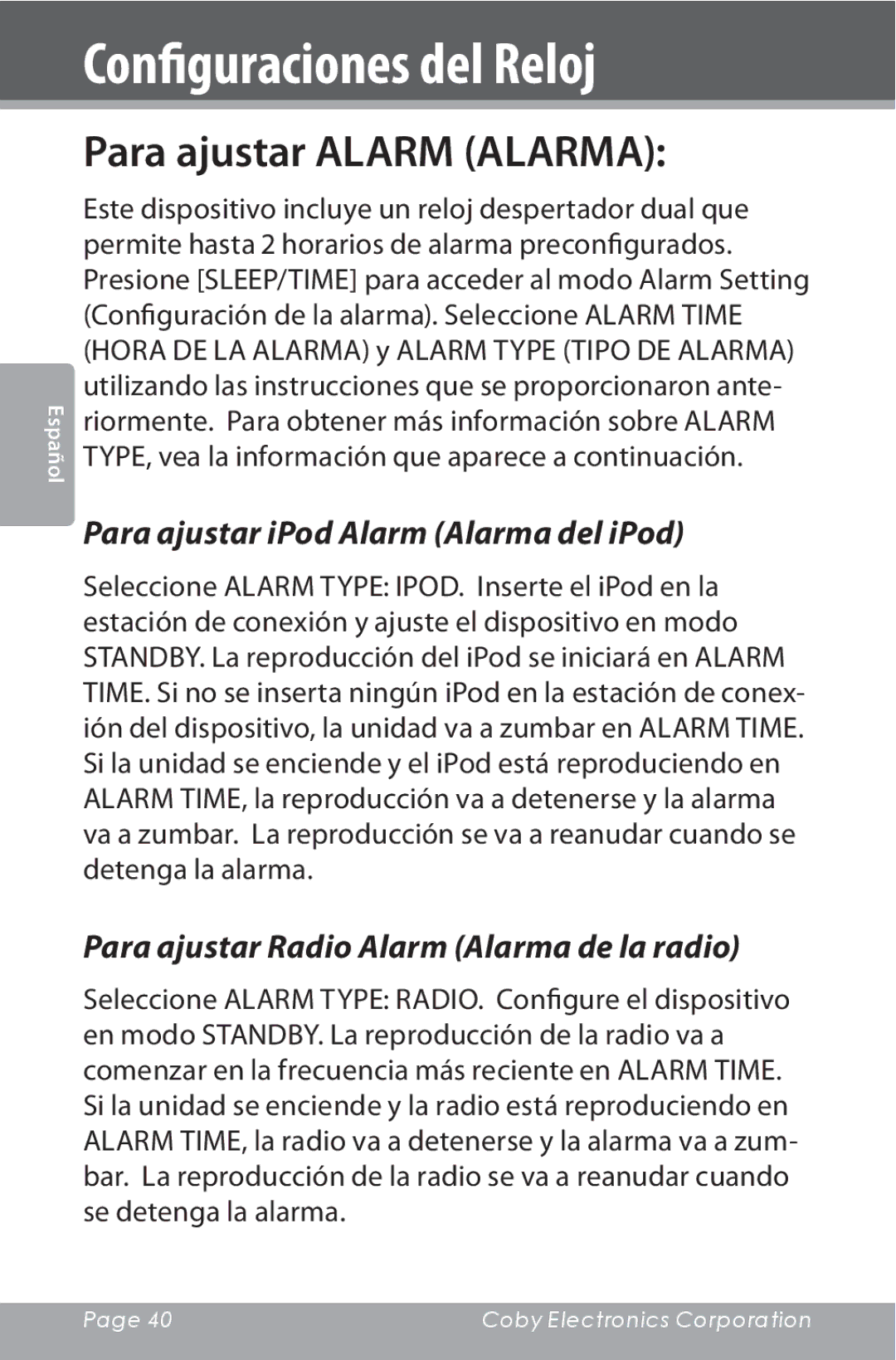 COBY electronic CSMP160 instruction manual Para ajustar Alarm Alarma, Para ajustar iPod Alarm Alarma del iPod 