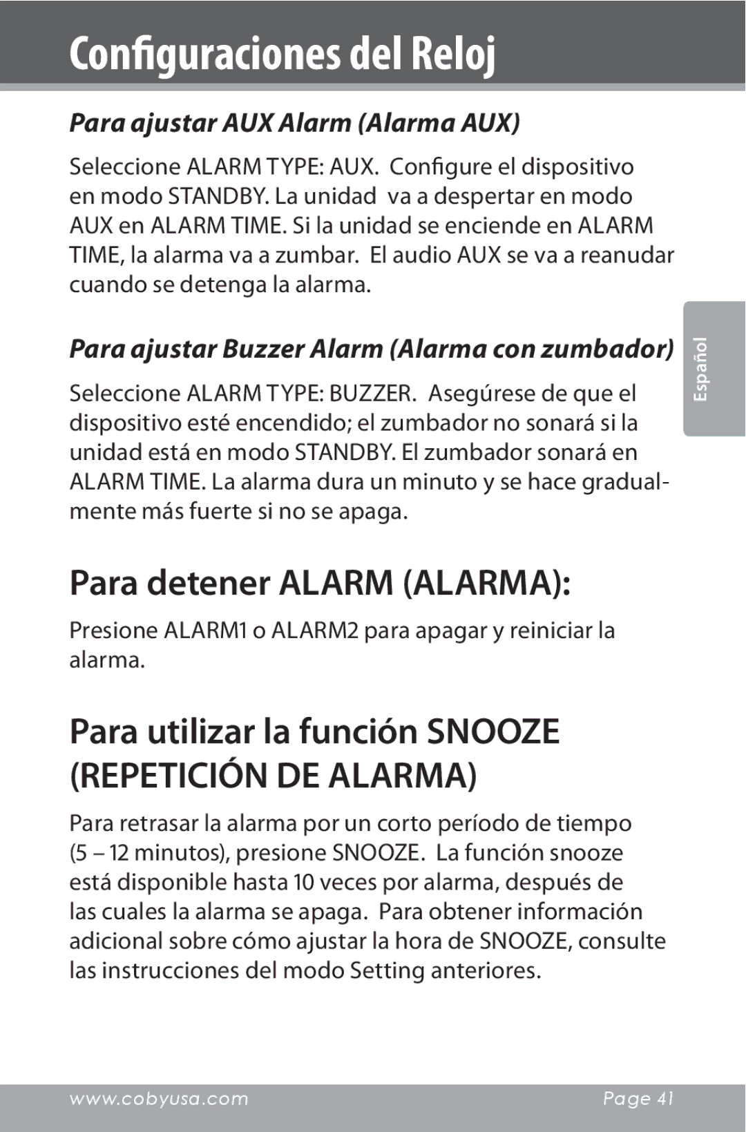 COBY electronic CSMP160 instruction manual Para detener Alarm Alarma, Para ajustar AUX Alarm Alarma AUX 