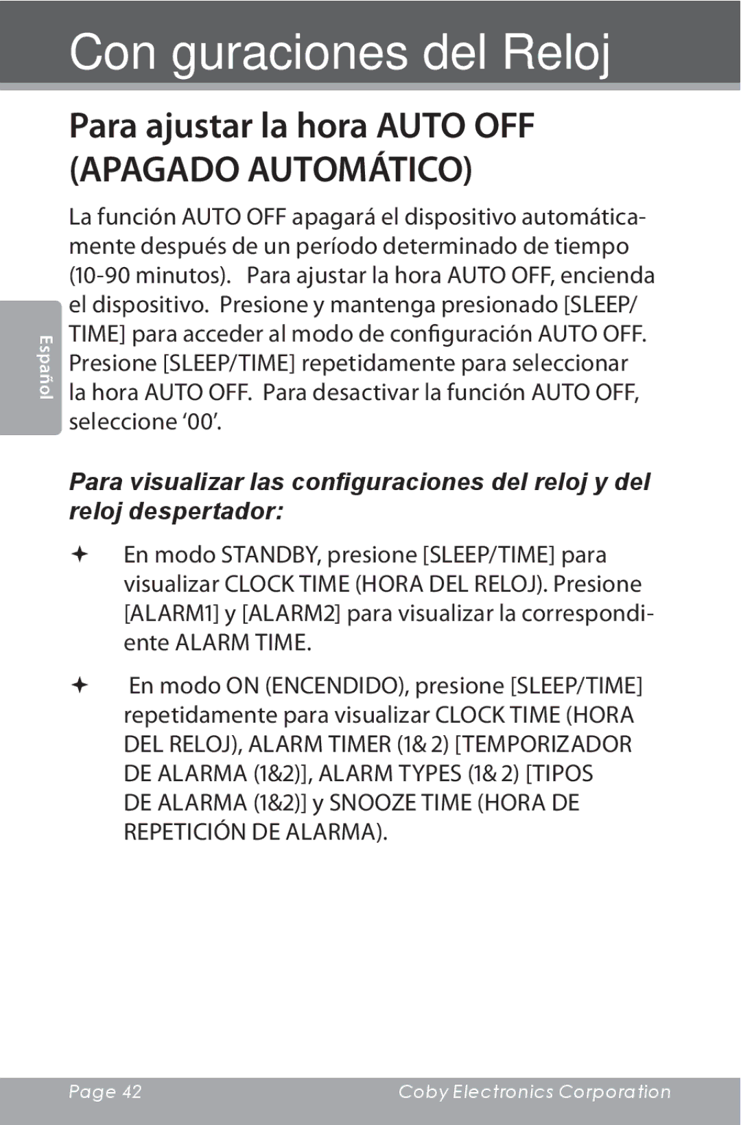 COBY electronic CSMP160 instruction manual Para ajustar la hora Auto OFF Apagado Automático 