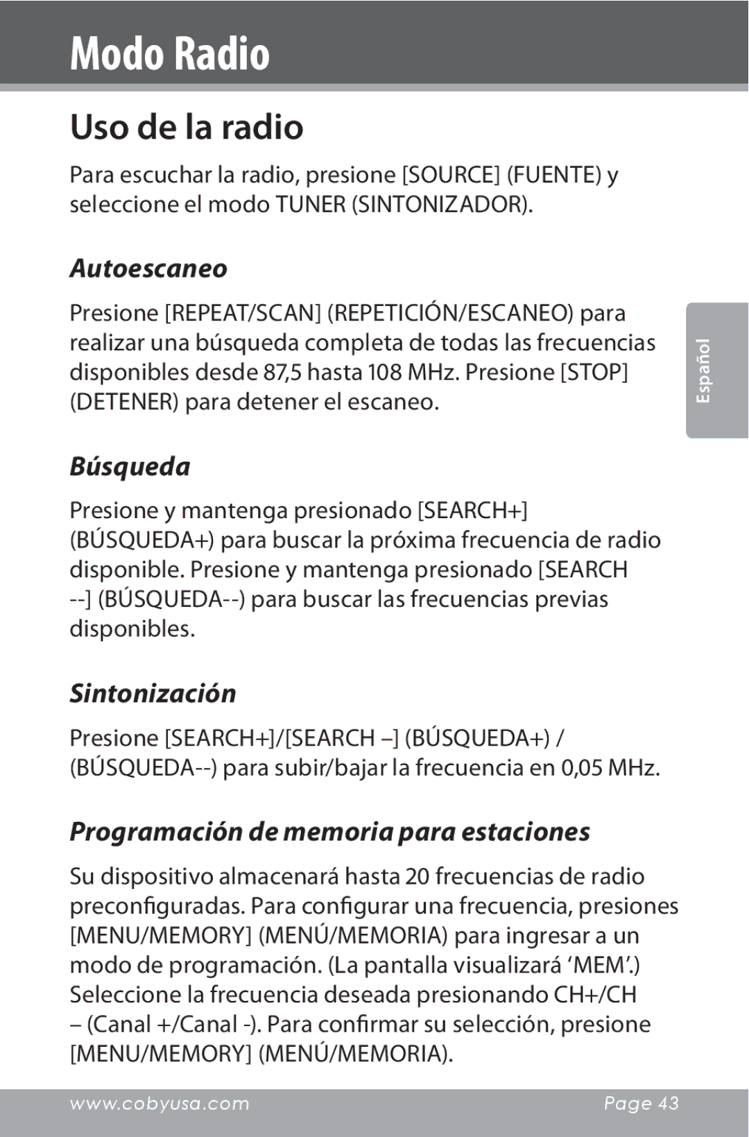 COBY electronic CSMP160 instruction manual Modo Radio, Uso de la radio 