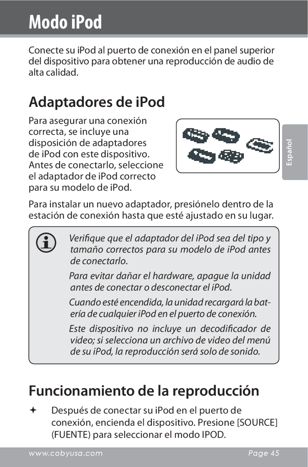 COBY electronic CSMP160 instruction manual Modo iPod, Funcionamiento de la reproducción 