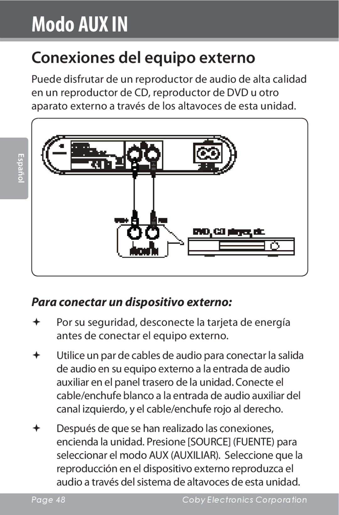 COBY electronic CSMP160 instruction manual Modo AUX, Conexiones del equipo externo, Para conectar un dispositivo externo 