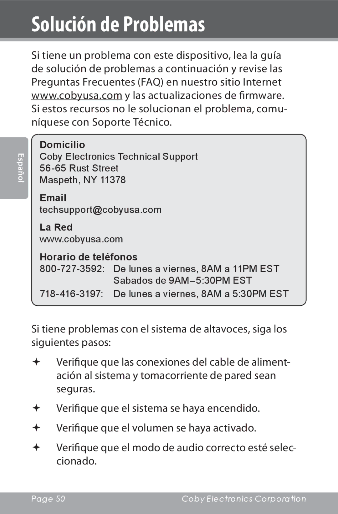 COBY electronic CSMP160 instruction manual Solución de Problemas, La Red Horario de teléfonos 