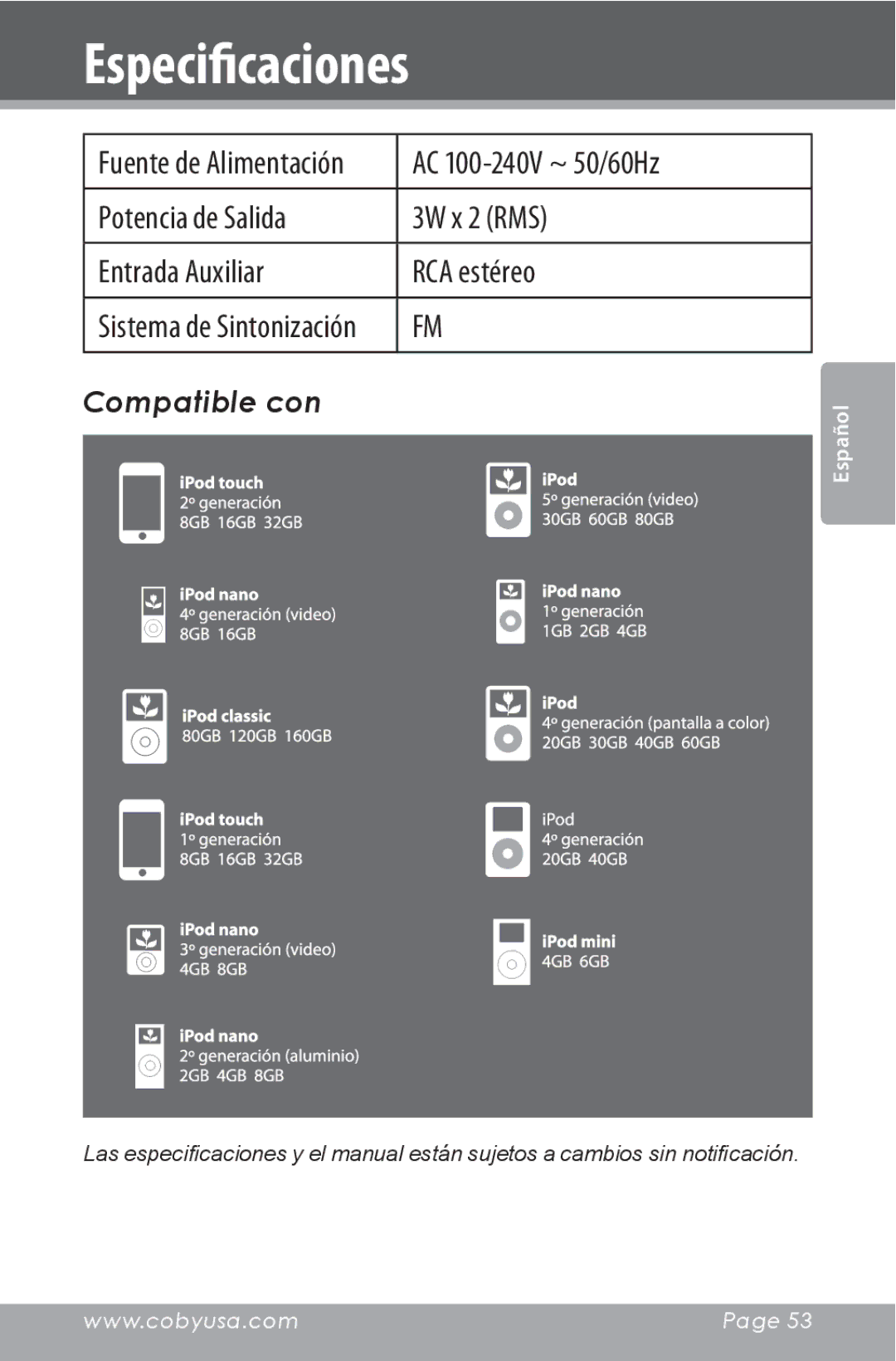 COBY electronic CSMP160 instruction manual Especificaciones 