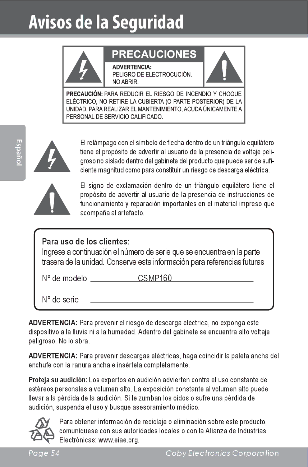 COBY electronic CSMP160 instruction manual Avisos de la Seguridad, Para uso de los clientes 