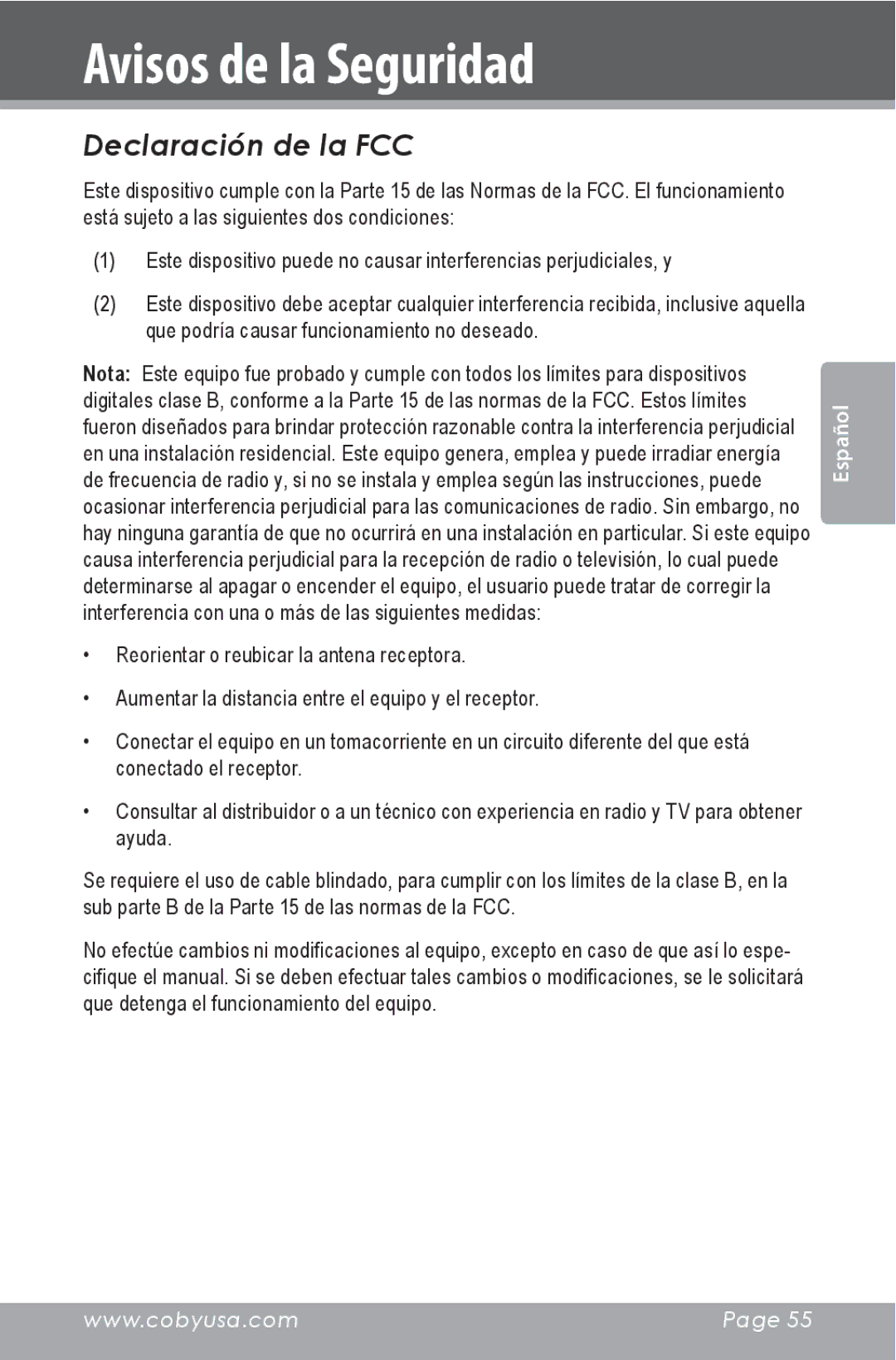 COBY electronic CSMP160 instruction manual Declaración de la FCC 