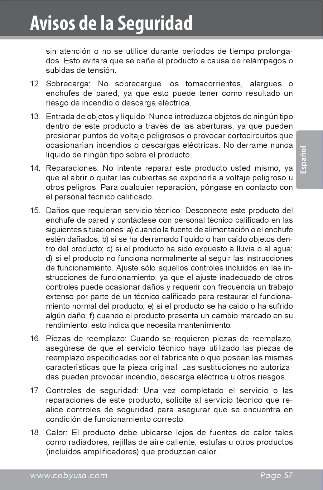 COBY electronic CSMP160 instruction manual Avisos de la Seguridad 