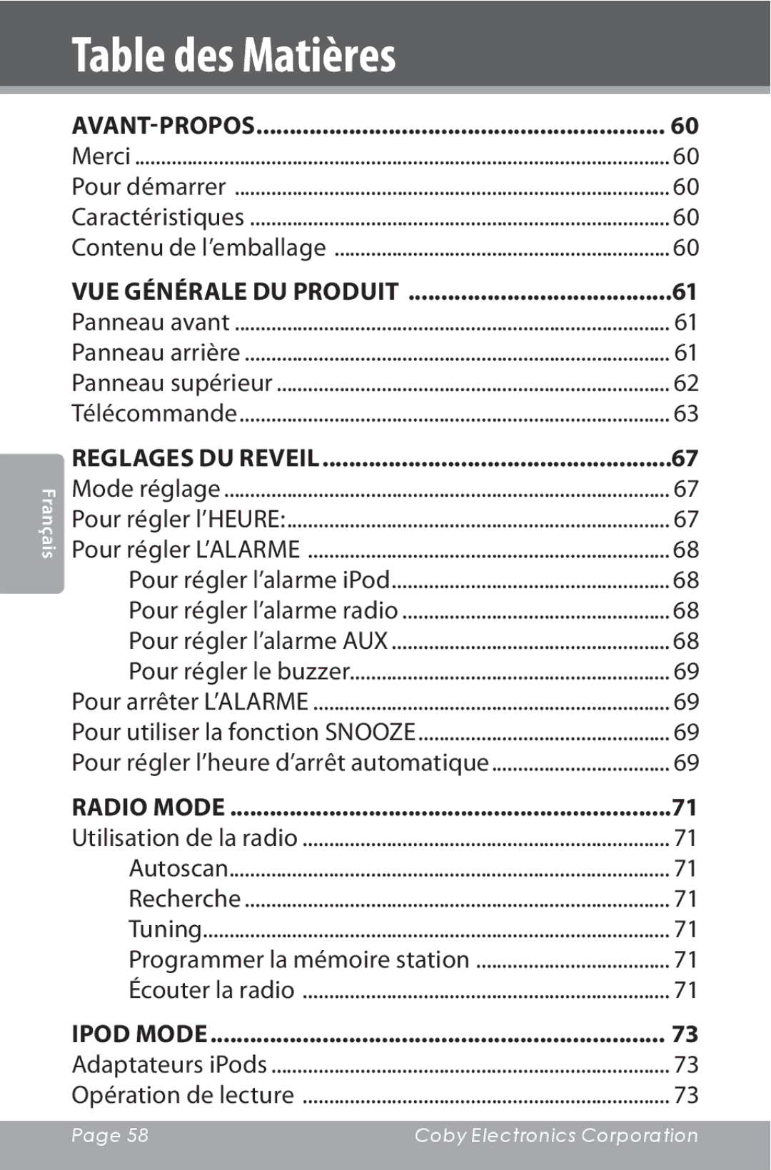 COBY electronic CSMP160 instruction manual Table des Matières, Vue Générale du Produit 