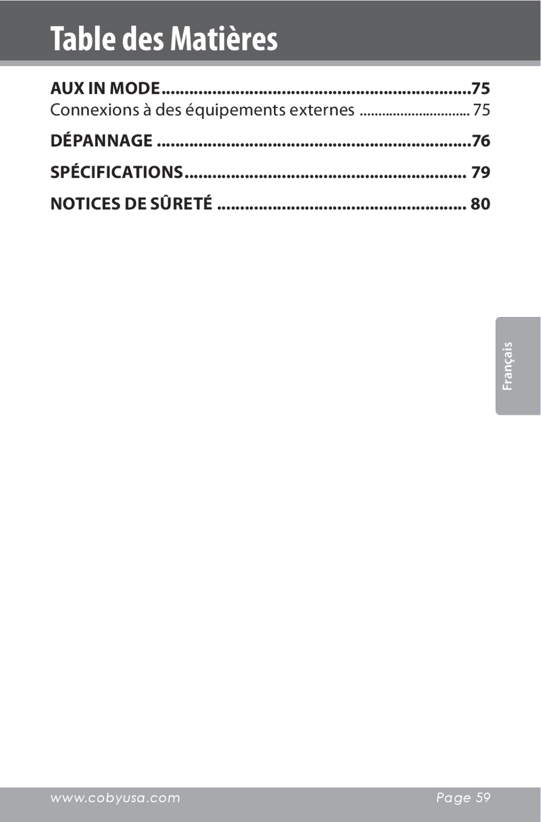 COBY electronic CSMP160 instruction manual Spécifications 