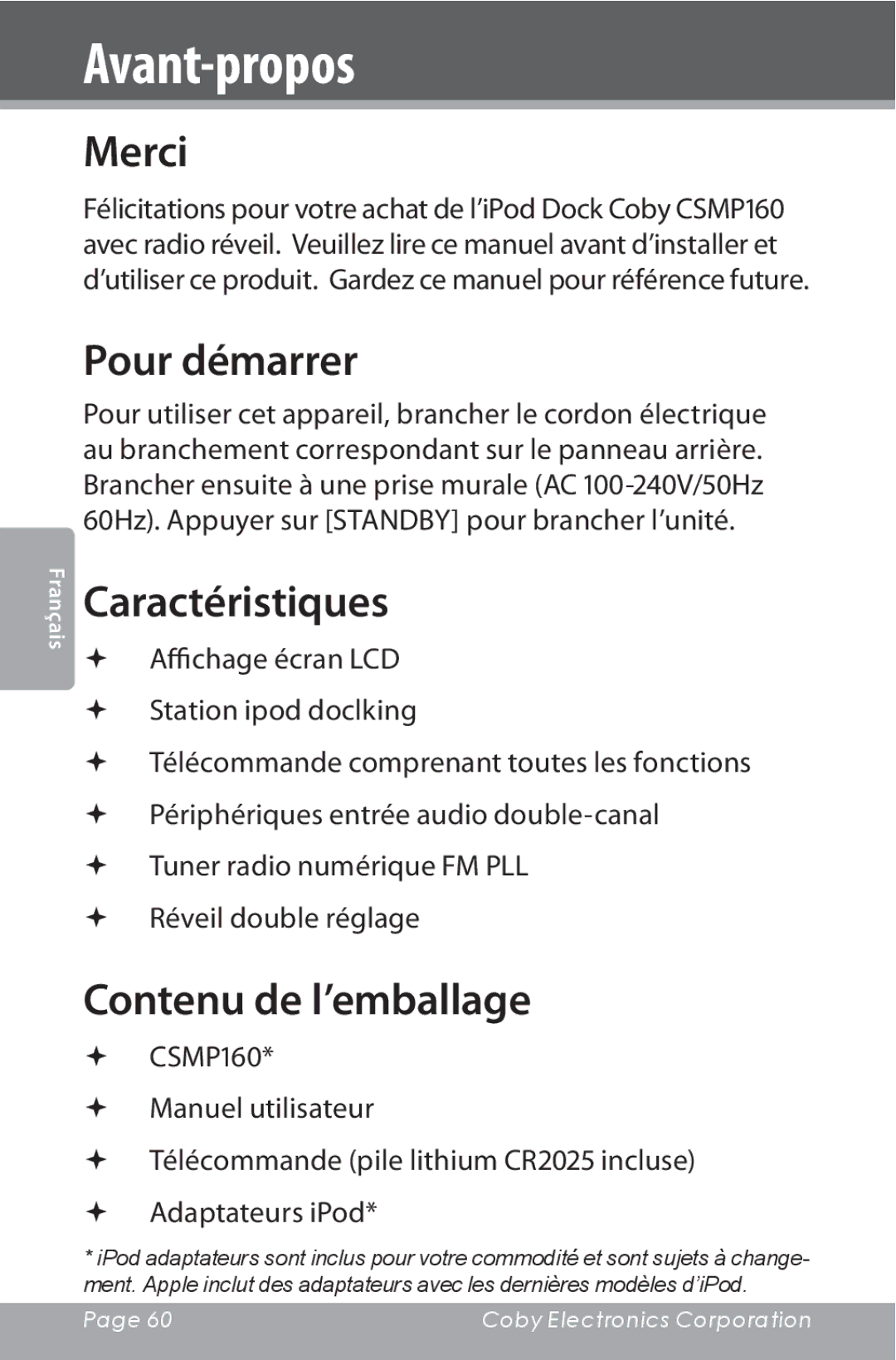 COBY electronic CSMP160 instruction manual Avant-propos, Merci, Pour démarrer, Caractéristiques, Contenu de l’emballage 